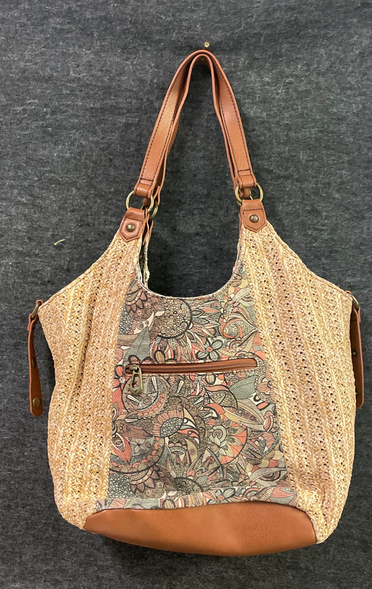 Sakroots Woven Straw Canvas Floral Boho Hobo Bag Tan Leather Trim