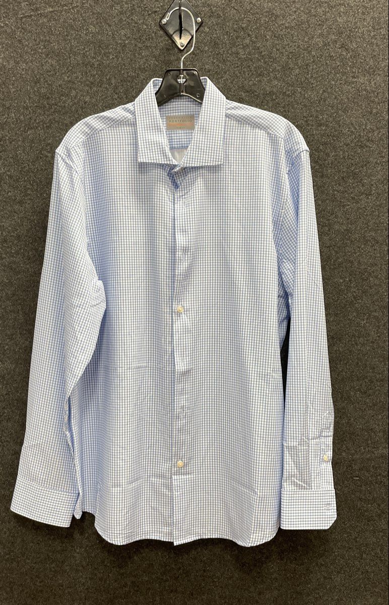 Perry Ellis Portfolio Men's Blue Gingham Stretch Dress Shirt Sz L 16-16.5