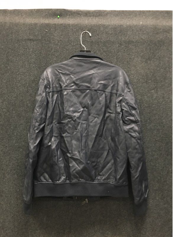 Tommy Hilfiger Men's Navy Blue Faux Leather Bomber Jacket Gingham Lined Sz M