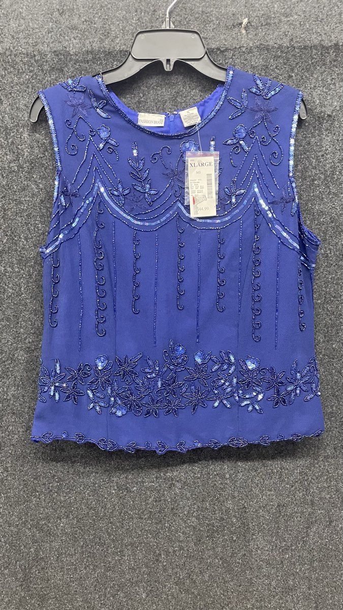 Vintage 90s Fashion Bug Women's Royal Blue Beaded Sequin Top Sz XL NWT