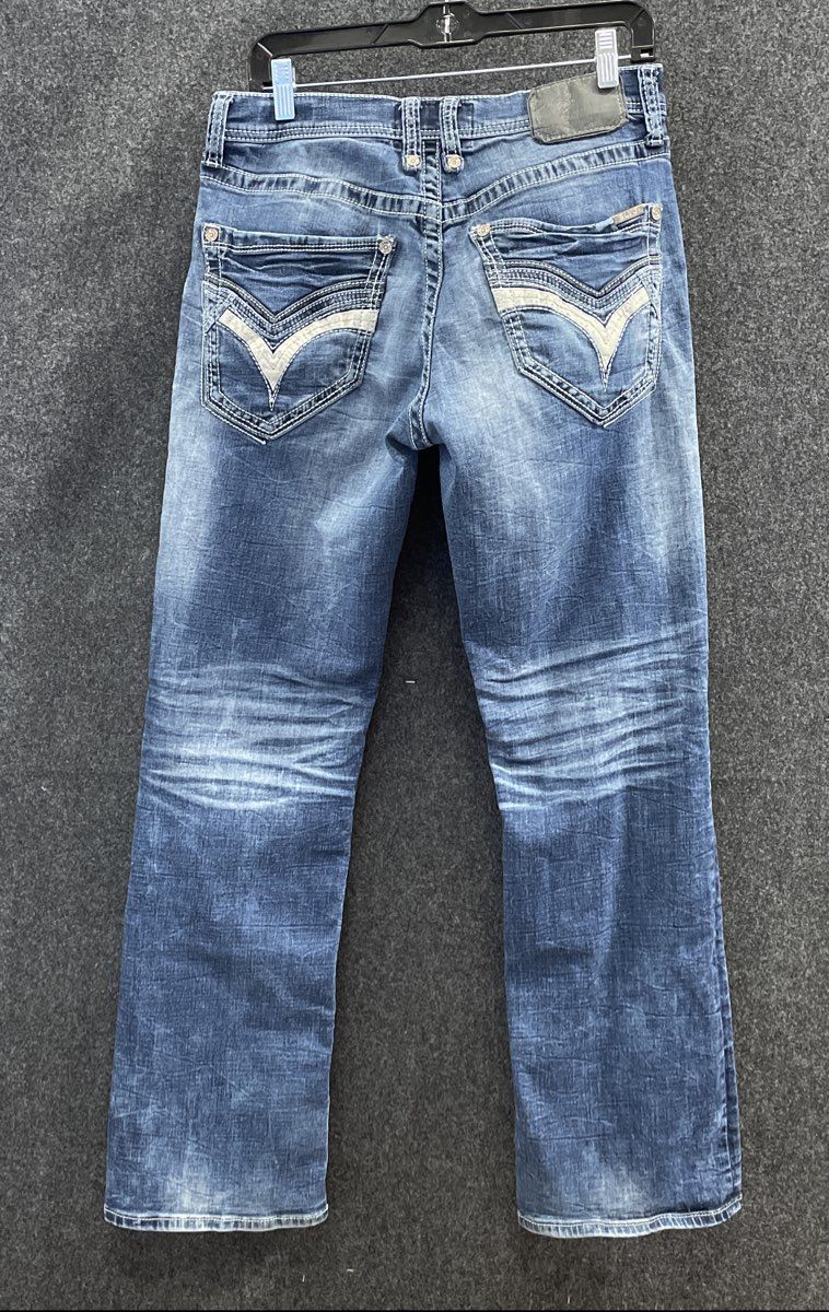 Salvage Men's Mayhem Boot Regular Fit Blue Jeans Whiskered Buckle Exclusive Sz S