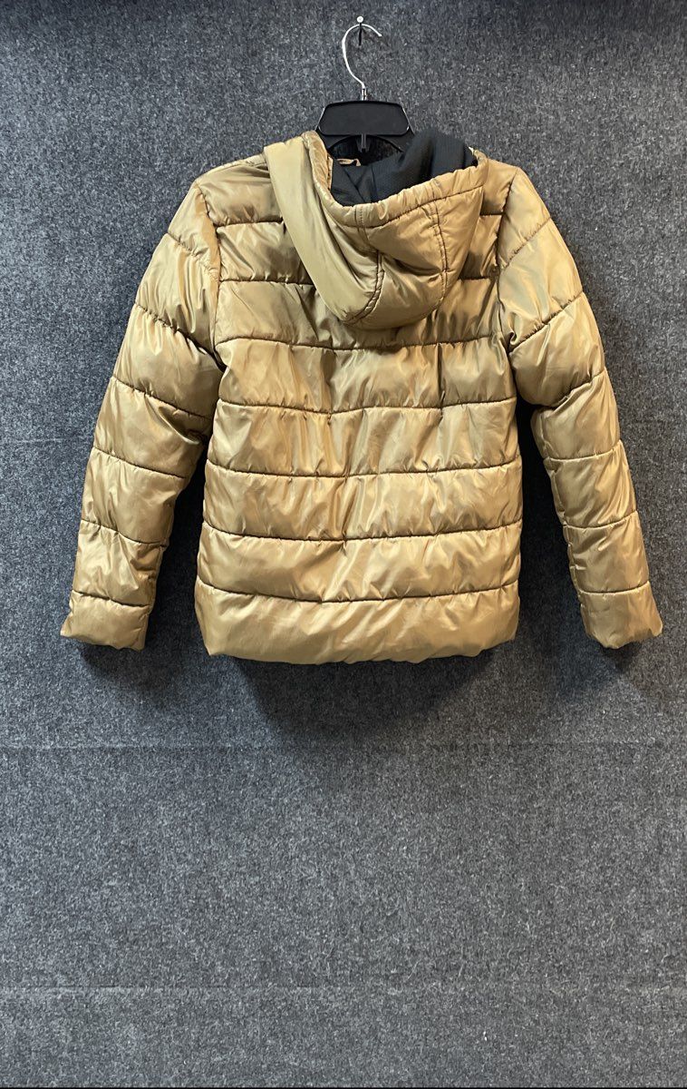 Perry Ellis Boy's Tan Brown Hooded Puffer Jacket Chevron Quilted Sz 14/16