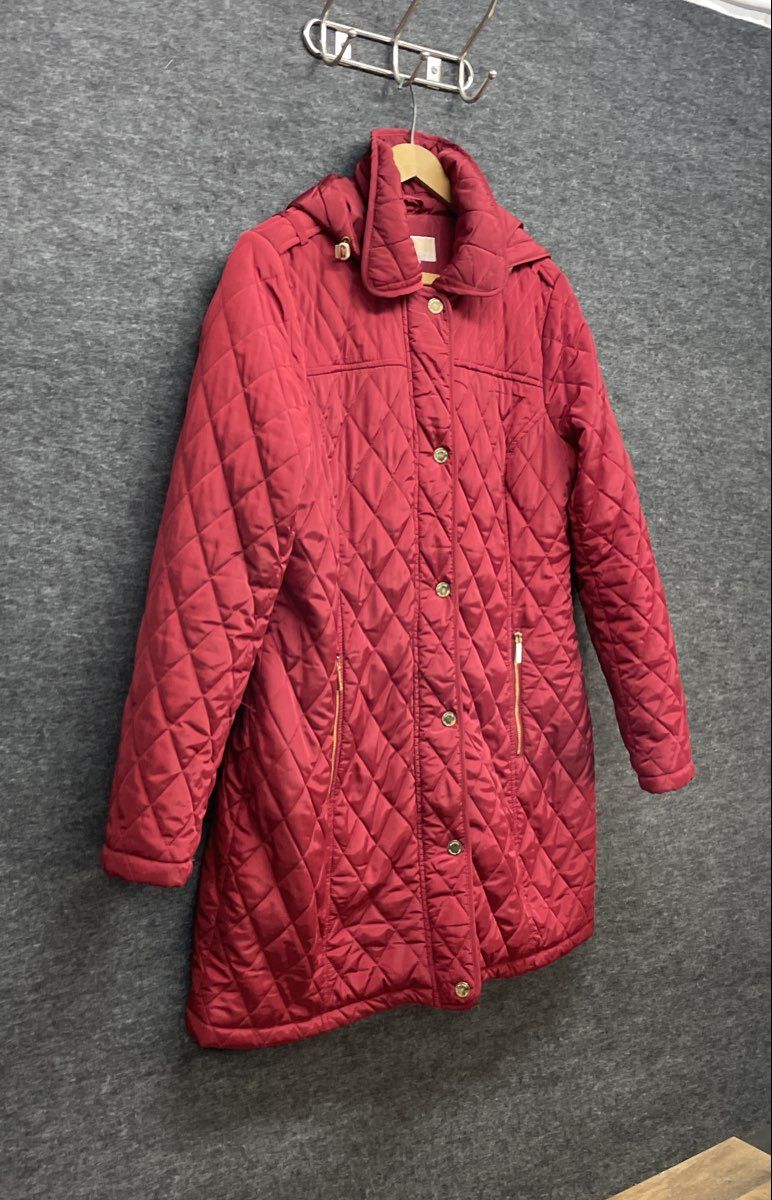 Michael Kors Women's Burgundy Diamond Quilted Jacket Detachable Hood Sz L