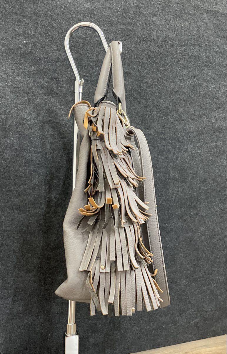 Expressions NYC Grey Leather Fringed Satchel Crossbody Bag Boho Studded