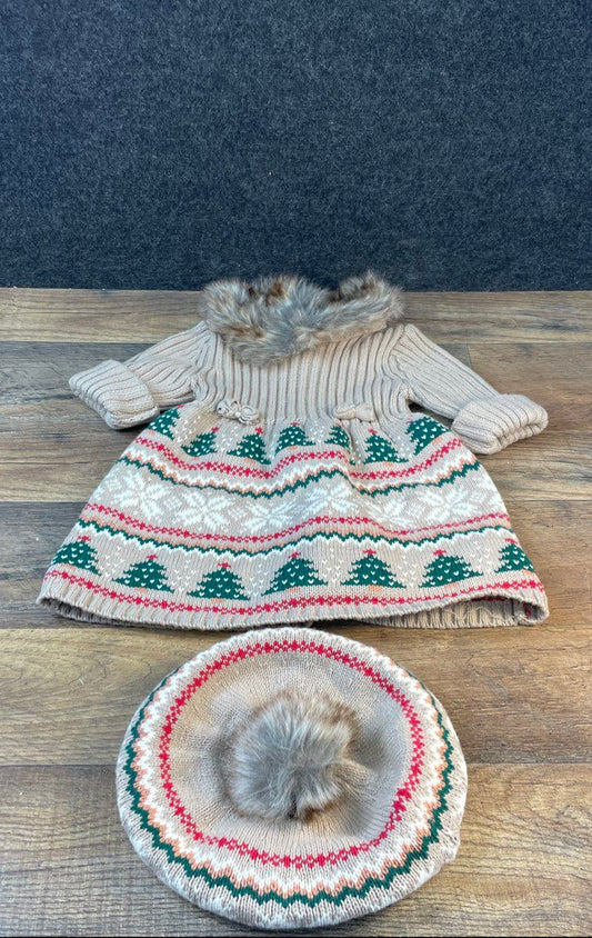 Tommy Bahama Baby Girls Beige Fair Isle Christmas Sweater Dress Hat Set 3-6M