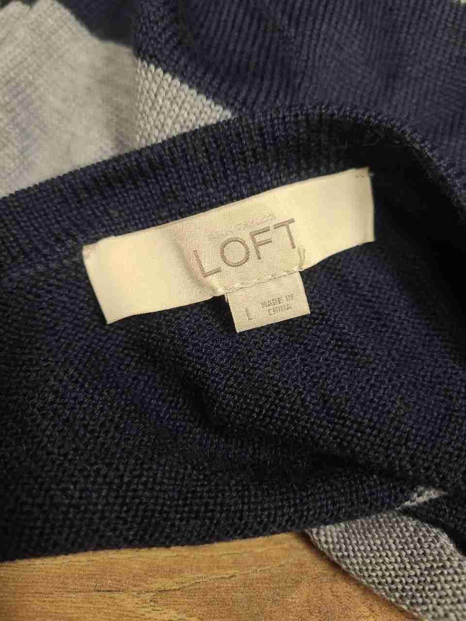 Loft Women's Knit Dress Navy Gray Striped Merino Wool Tab Sleeve Size L