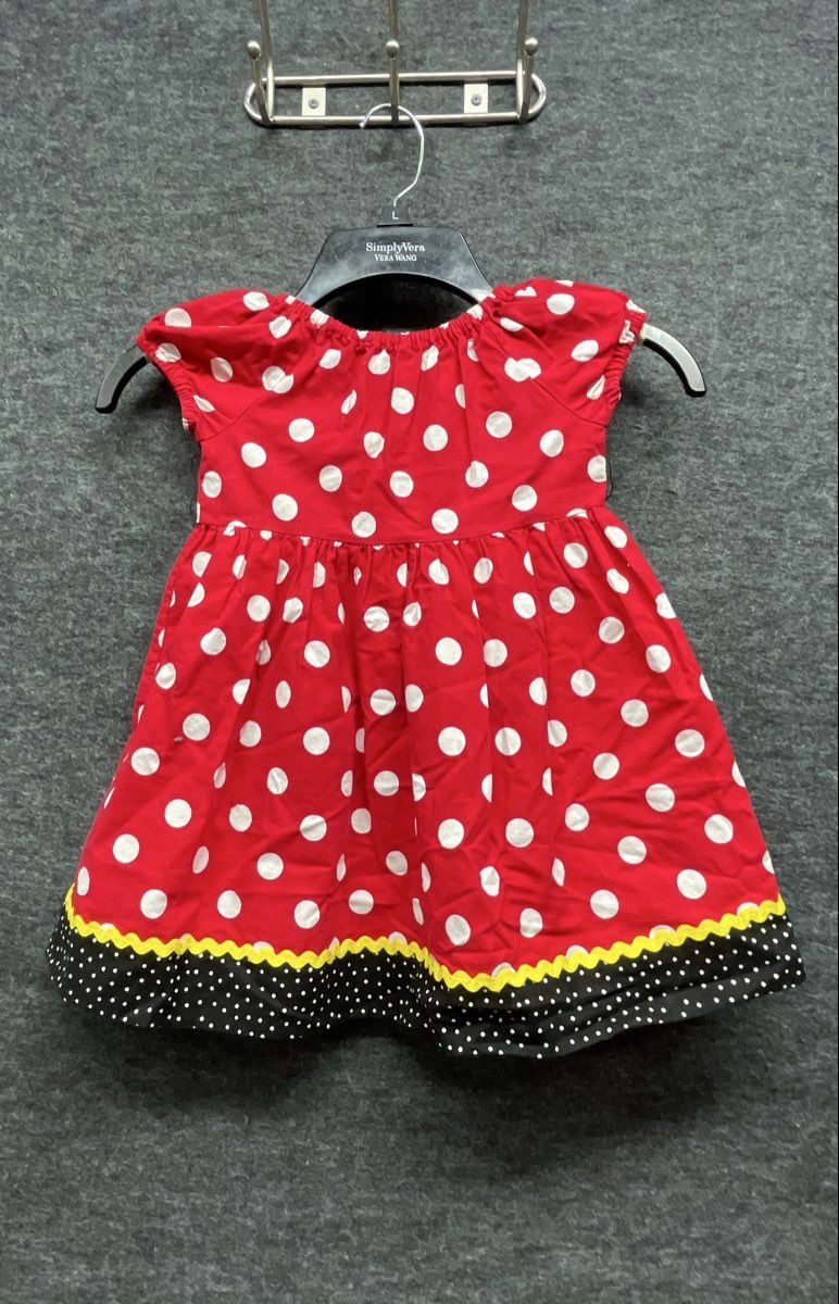 Girls Minnie Mouse Red Polka Dot Dress & Blue Floral Ric Rac Trim Dress Lot