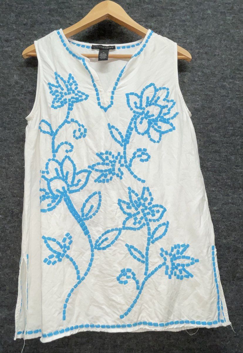 Grace Elements Women's White Blue Floral Embroidered Linen Blend Tunic Sz M