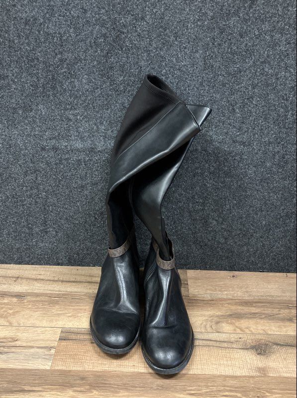 Michael Kors Black Mixed Media Tall Riding Boots MK Logo Strap Women's Size 9M