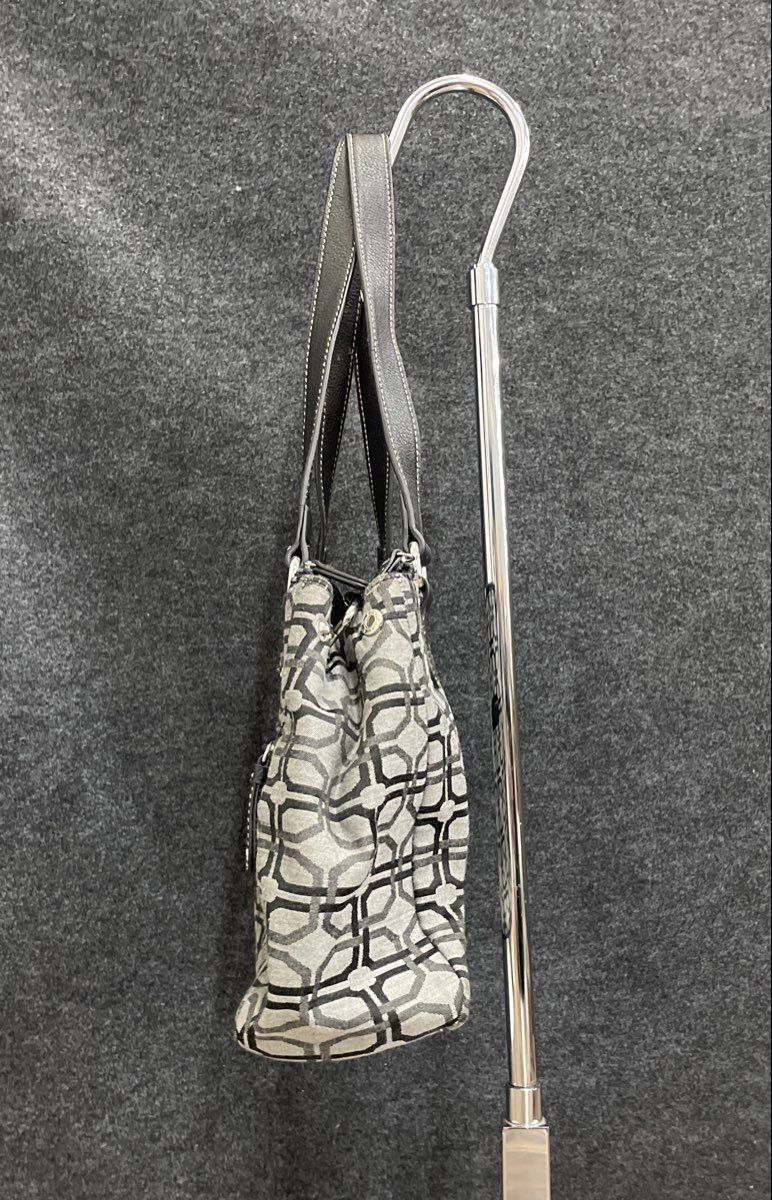 Anne Klein Grey Black Geometric Canvas Shoulder Bag Tote Silver Hardware