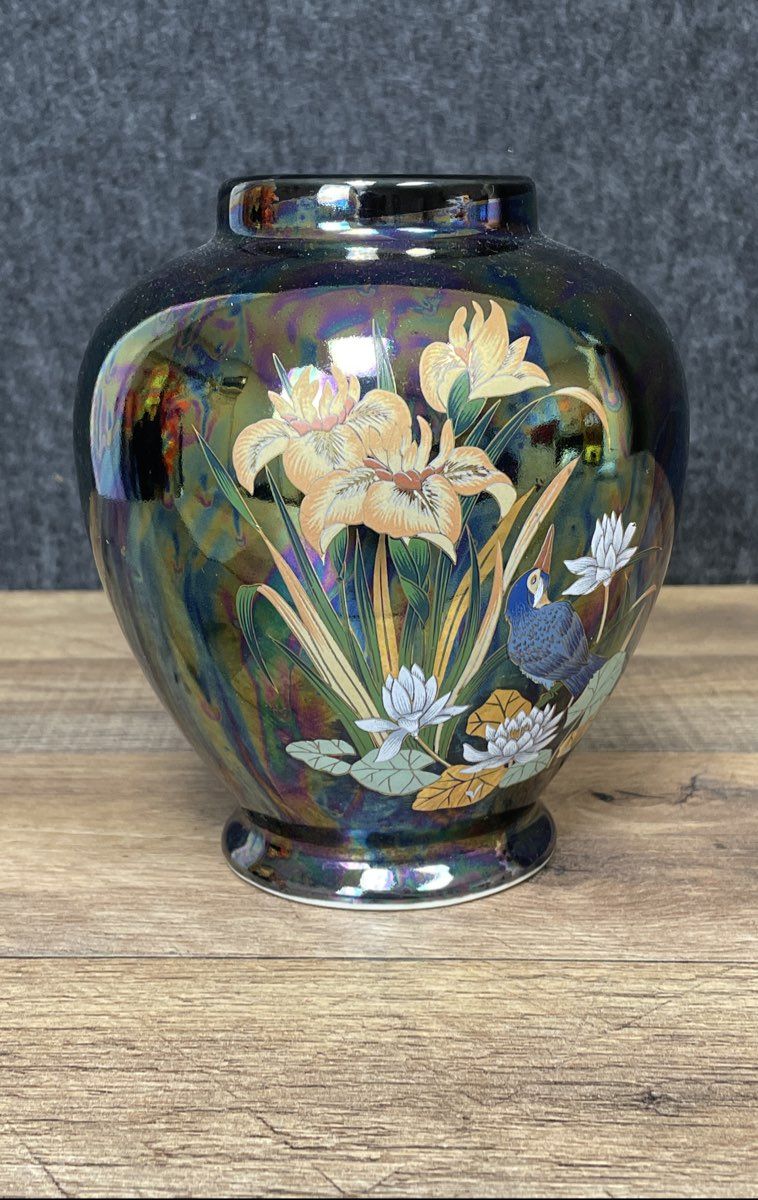 Vintage Japanese Lusterware Vase Iris Bird Black Iridescent 7 Inch