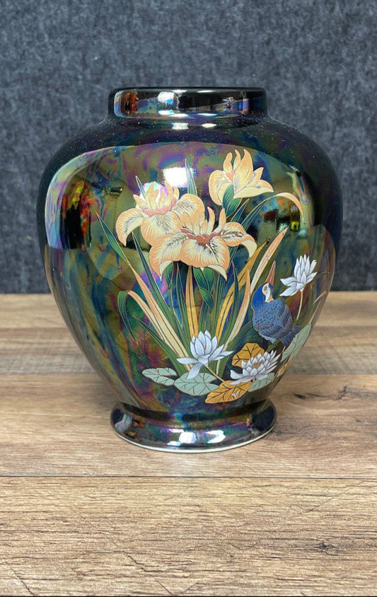 Vintage Japanese Lusterware Vase Iris Bird Black Iridescent 7 Inch