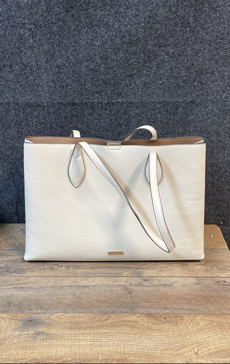Anne Klein Beige Pebbled Tote Bag Handbag Large Gold Tone Hardware