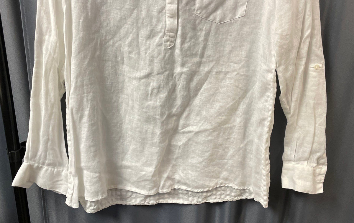 Charter Club Women's White Linen Blouse Roll Tab Sleeve Textured Back Size M