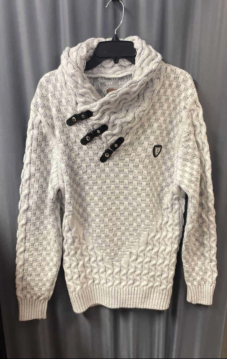Leif Nelson Men's Gray Shawl Neck Buckle Strap Basketweave Knit Sweater Sz XL