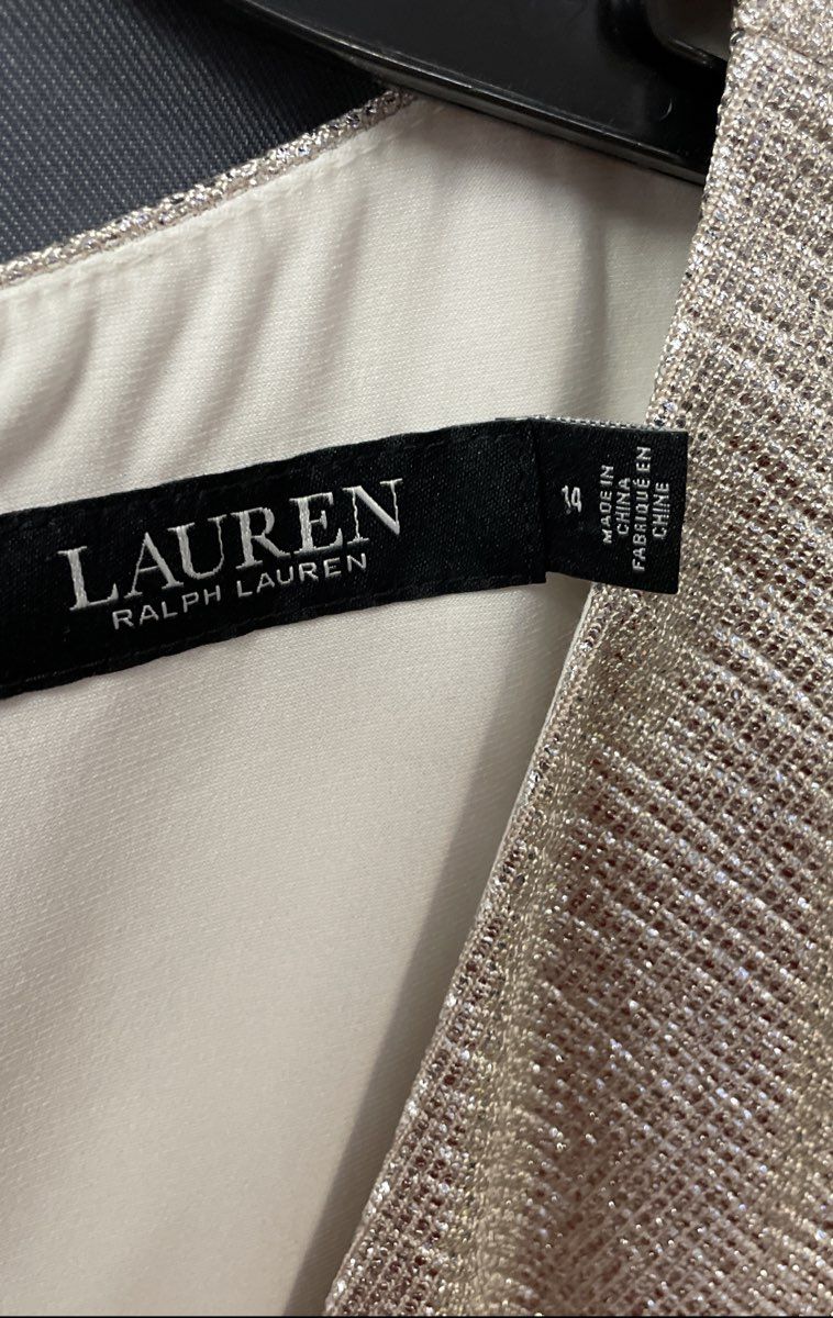 Lauren Ralph Lauren Women's Metallic Faux Wrap Dress Champagne Silver Sz 14