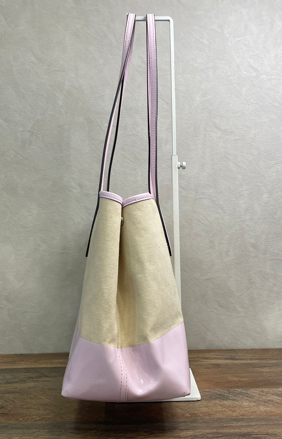 Kate Spade Beige Pink Colorblock Canvas Patent Leather Tote Bag Medium