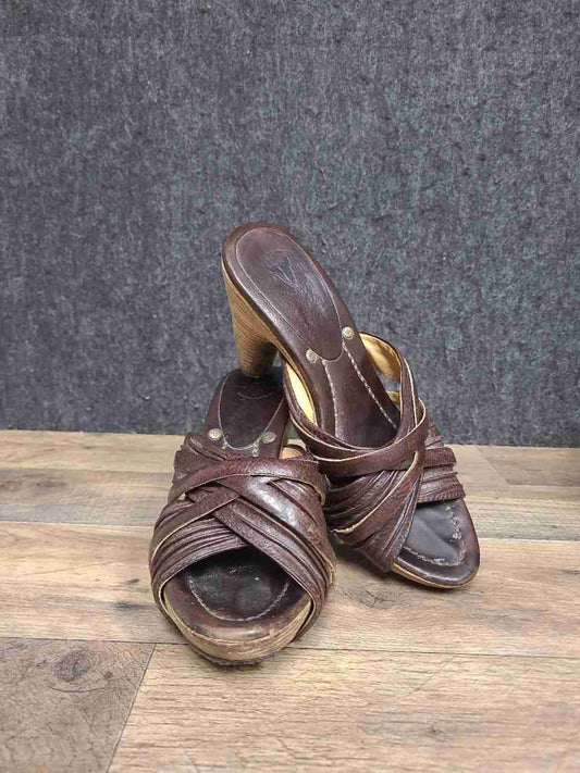 Frye Reese Multi Slide Dark Brown Leather Strappy Heeled Sandals Women's Size 8M