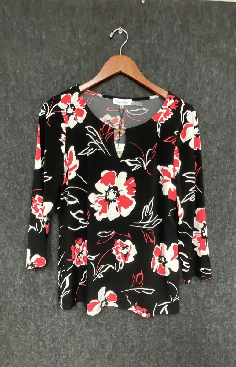 Calvin Klein Women's Floral Print Keyhole Blouse Black Red White NWT Sz M