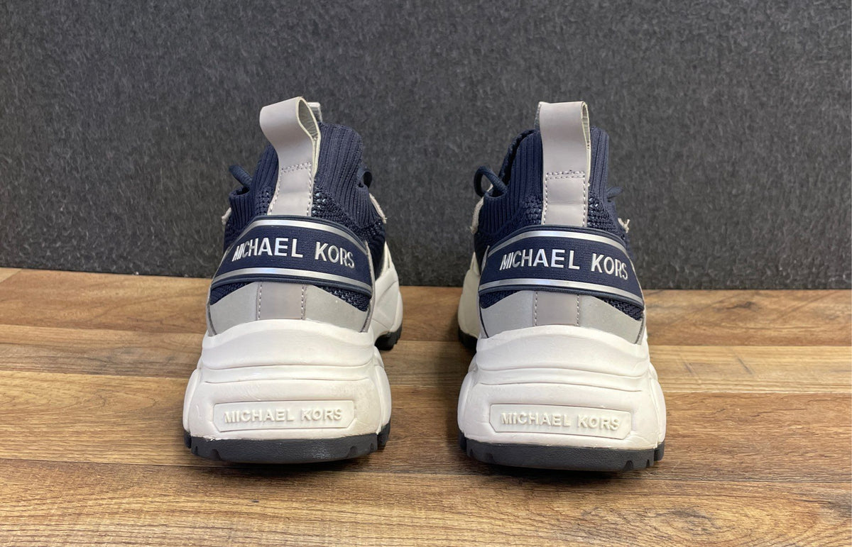 Michael Kors Miles Navy Grey Leather Knit Sneakers Men's Size 12