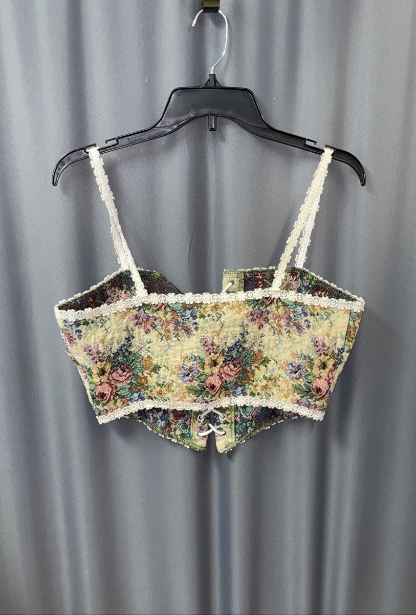 Romwe Women's Green Floral Tapestry Lace Up Corset Top Scalloped Trim Sz L