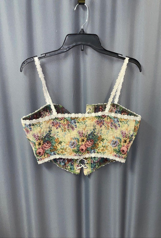 Romwe Women's Green Floral Tapestry Lace Up Corset Top Scalloped Trim Sz L