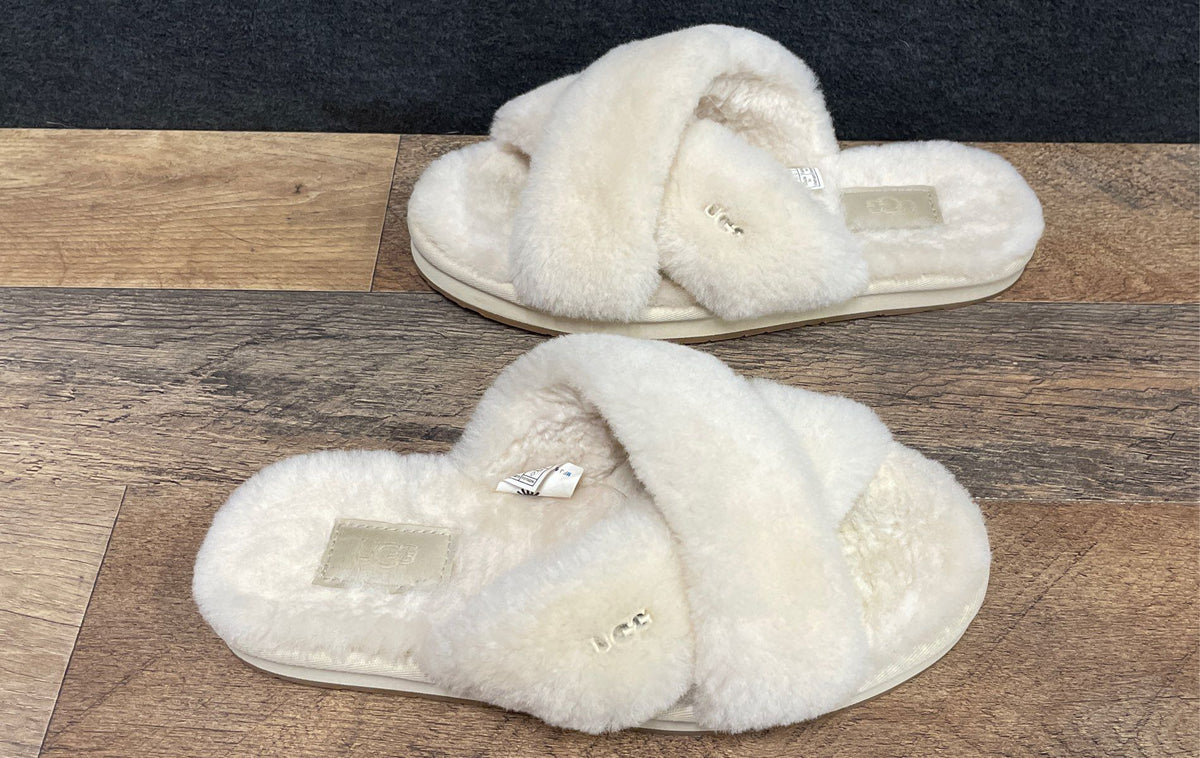 UGG Abela Natural Cream Fluffy Cross-Strap Slide Slippers Women's Size 8