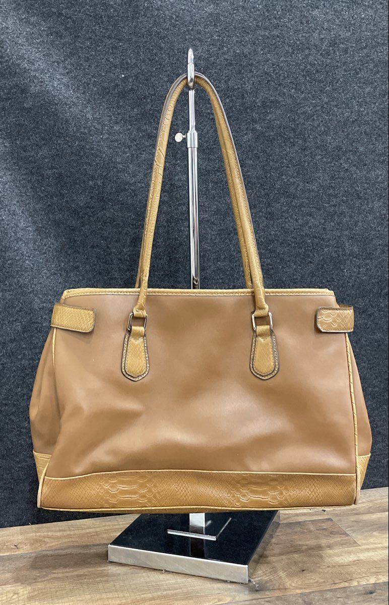 Liz Claiborne Brown Leather Tote Shoulder Bag Faux Croc Embossed Trim