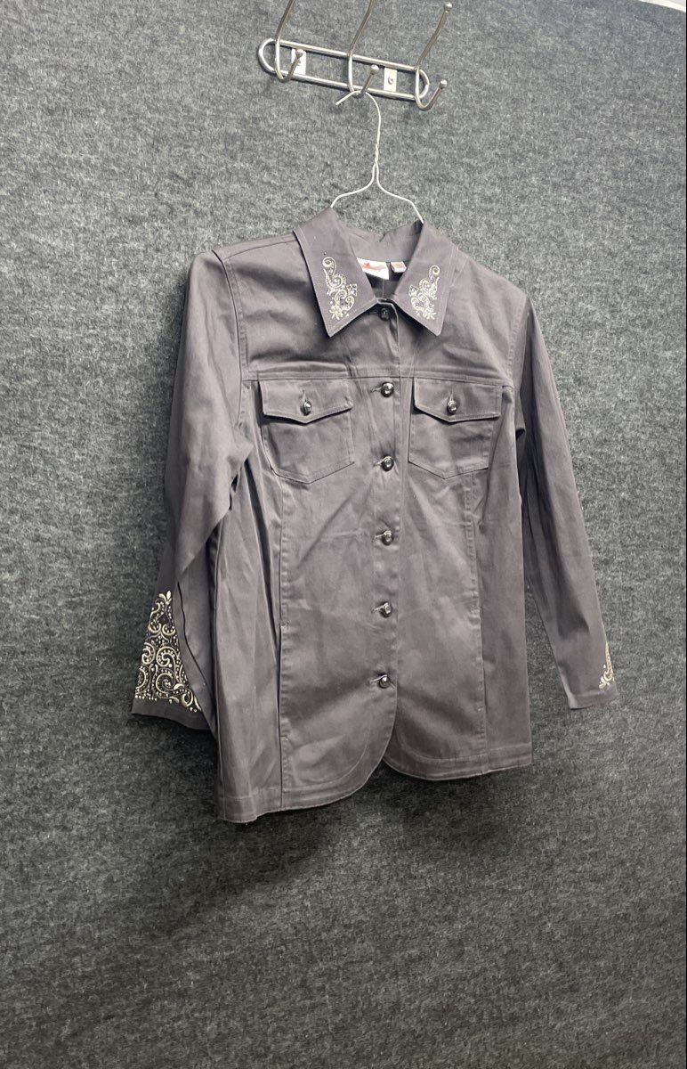 Quacker Factory Women's Gray Rhinestone Embroidered Button Front Jacket Sz S
