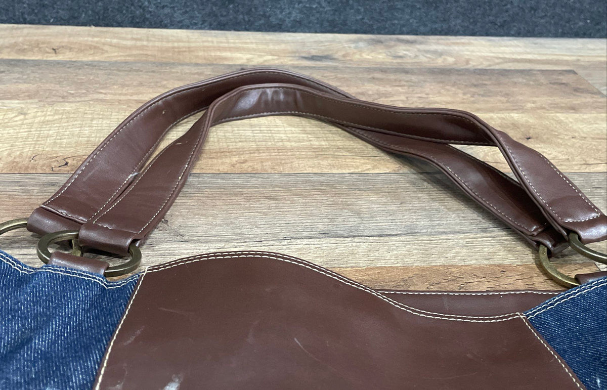 Nine West Blue Tan Brown Patchwork Denim Suede Leather Tote Bag Purse