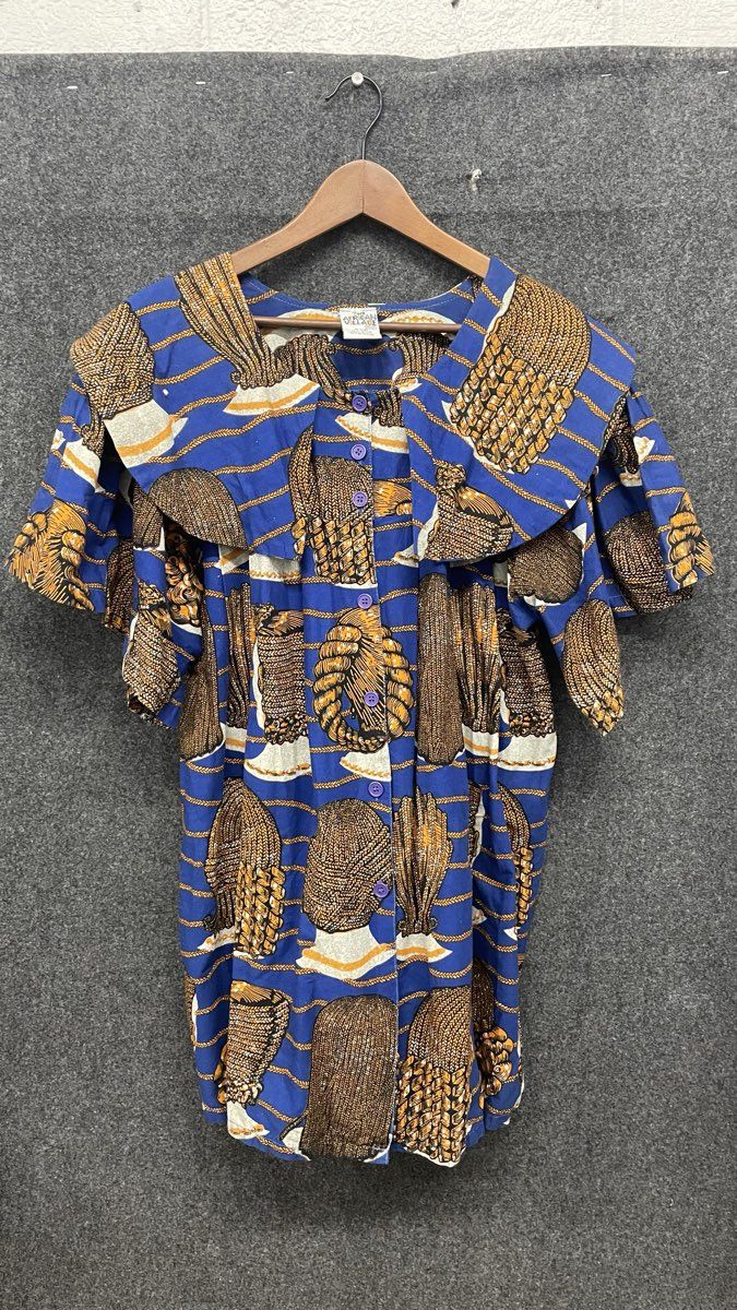 Vintage 90s The African Village Women's Blue Ruffle Button Front Kaftan Dress OS