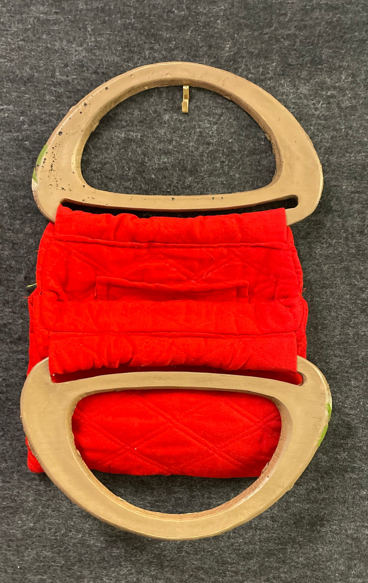 Vintage 1970s Red Quilted Handbag Carved Hummingbird Floral Wood Handle