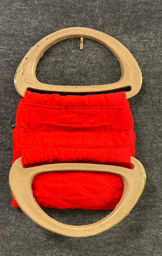 Vintage 1970s Red Quilted Handbag Carved Hummingbird Floral Wood Handle