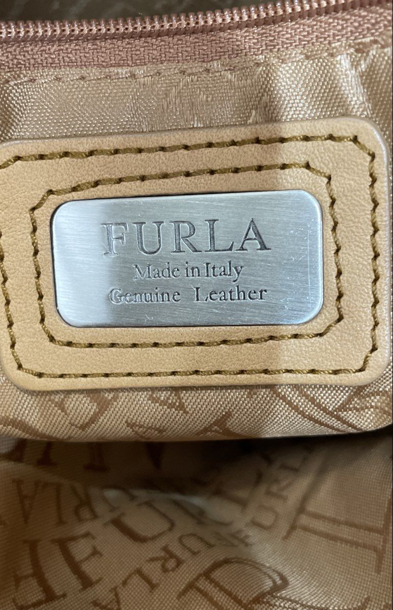 Furla Tan Leather Belted Tote Bag Handbag Made in Italy Silver Hardware