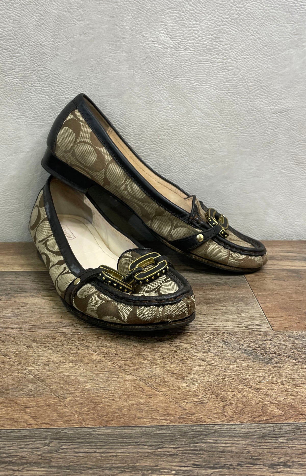 Coach Ella Signature C Khaki Brown Jacquard Loafers Moccasin Flats Size 7.5 B