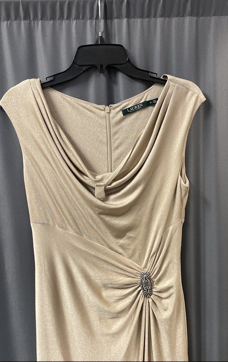 Lauren Ralph Lauren Women's Beige Gold Metallic Ruched Cowl Neck Gown Sz 10