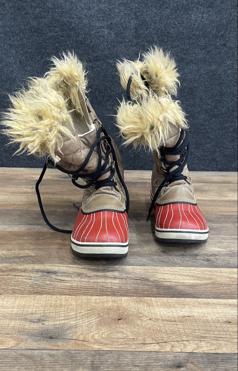 Sorel Tofino Women's Tan Red Quilted Faux Fur Waterproof Winter Boots Size 8