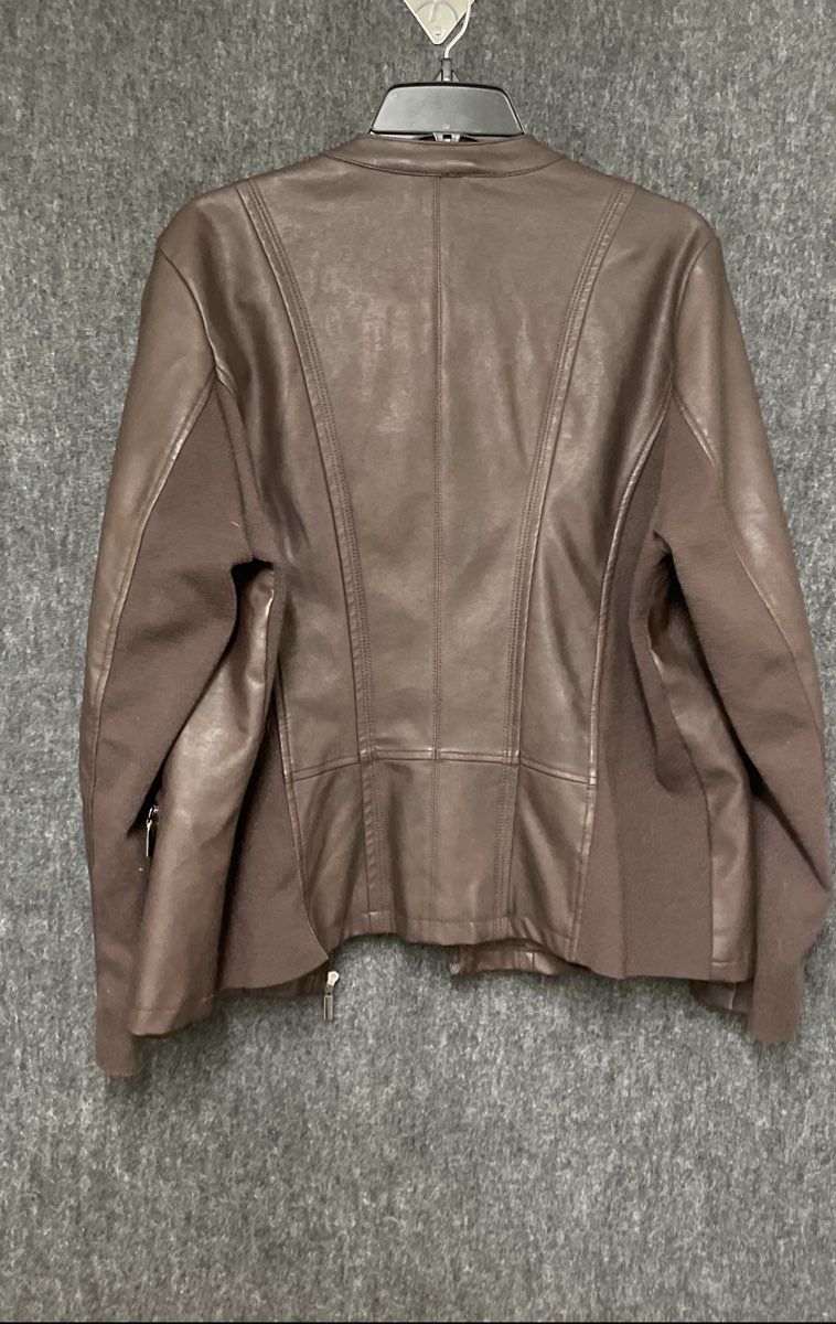 Mo-Ka Women's Brown Faux Leather Band Collar Mixed Media Zip Jacket Sz 1X