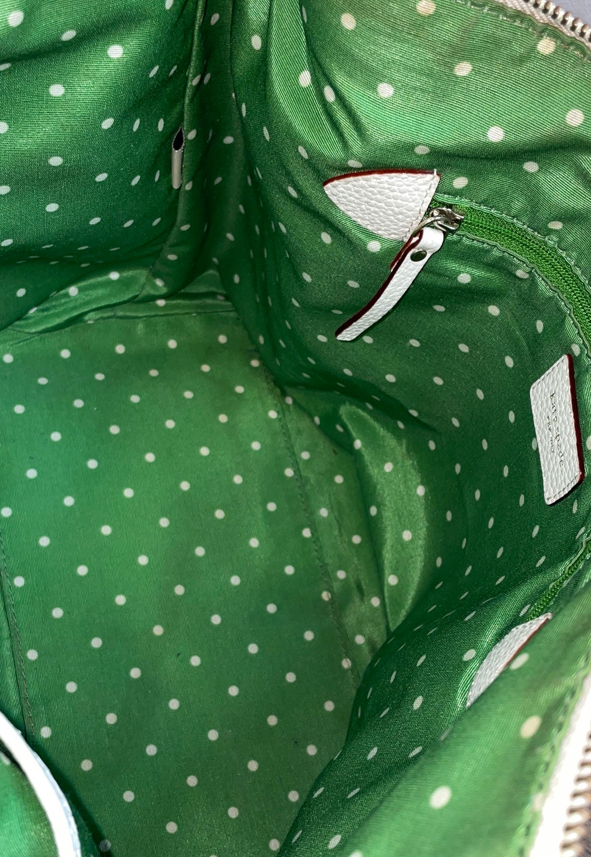 Kate Spade White Pebbled Leather Shoulder Bag Hobo Purse Green Polka Dot Lining