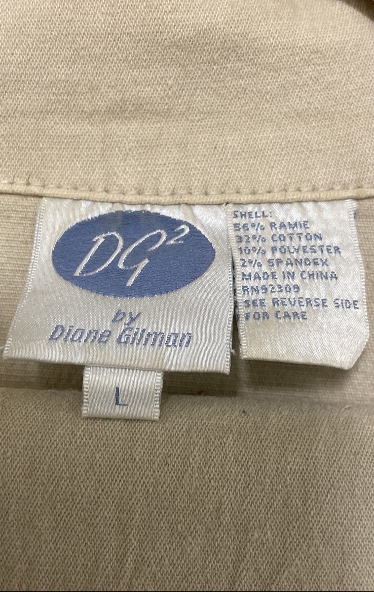 DG2 Diane Gilman Women's Beige Rhinestone Ramie Blend Jacket L Pants 14 Set