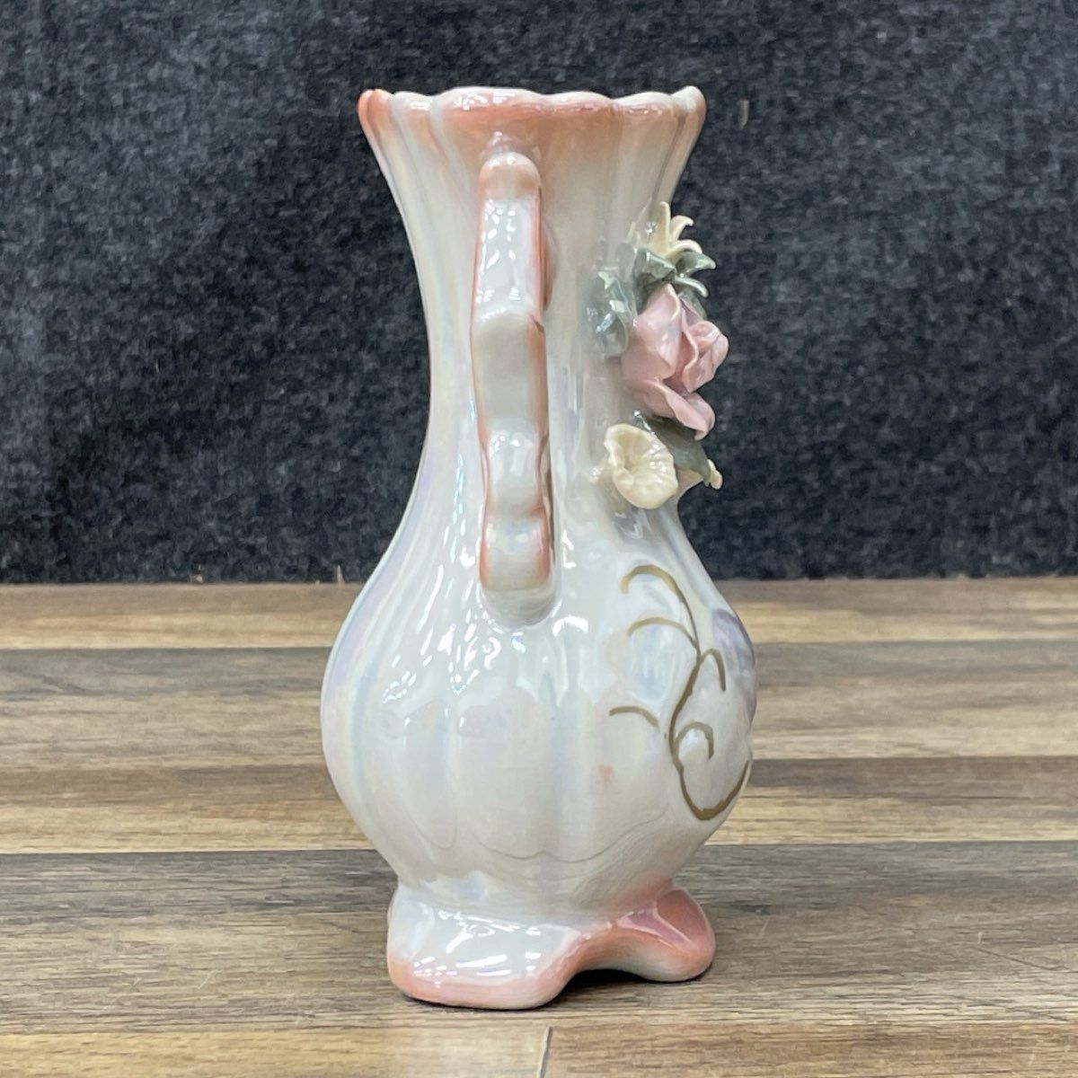 Vintage Lusterware Bud Vase Applied Pink Rose Floral Iridescent 5.5" Mid-Century