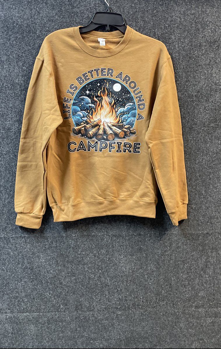 Jerzees Men's Sweatshirt Tan Campfire Graphic Crewneck NuBlend Brown Gold Sz S