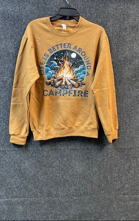 Jerzees Men's Sweatshirt Tan Campfire Graphic Crewneck NuBlend Brown Gold Sz S