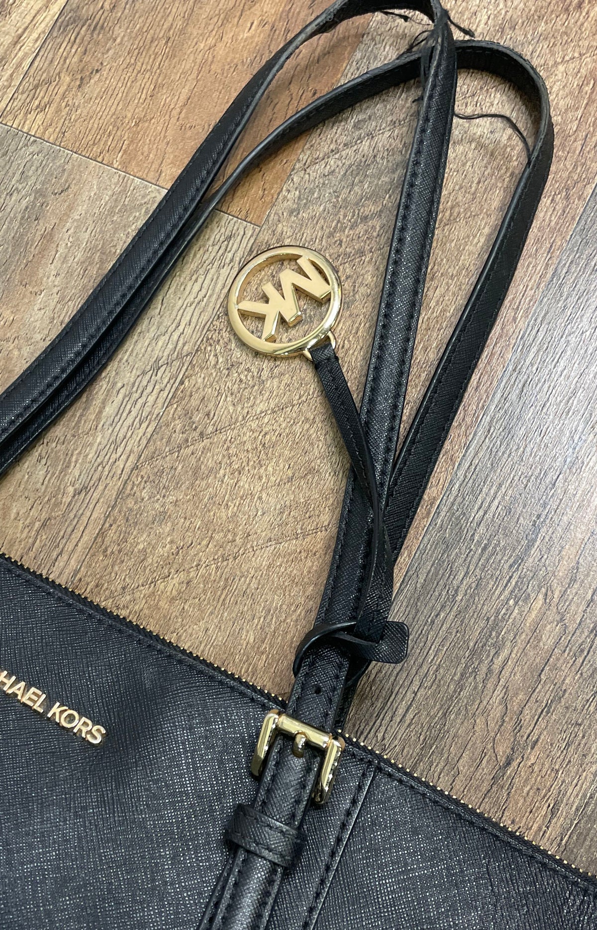 Michael Kors Black Saffiano Leather Jet Set Travel Tote Bag Gold Hardware