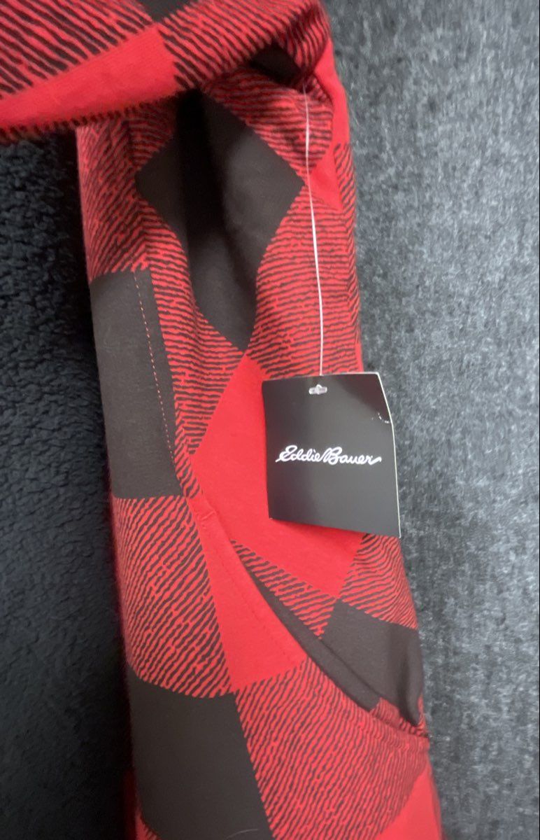 Eddie Bauer Women's Red Black Buffalo Plaid Sherpa Lined Robe Cardigan NWT Sz S