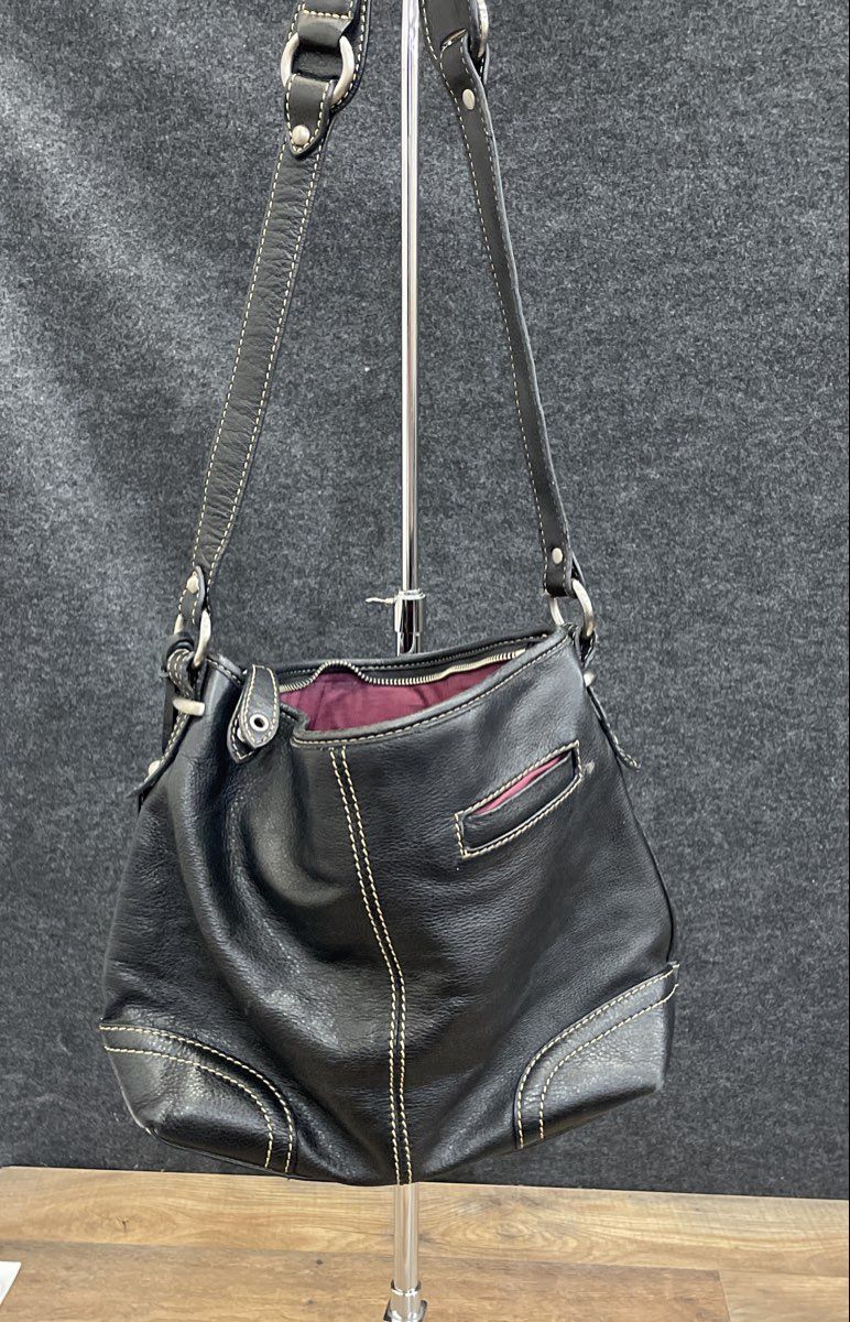 The Sak Black Leather Hobo Shoulder Bag Contrast Stitch Silver Hardware