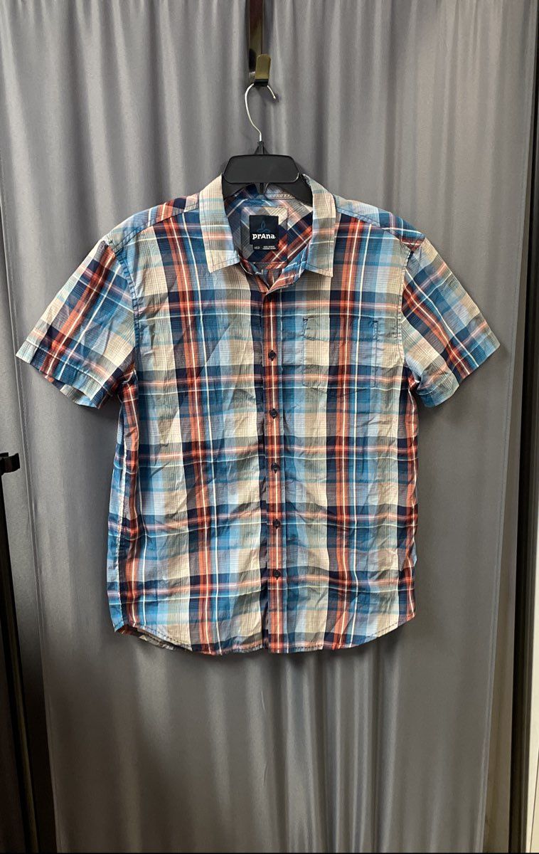Prana Men's Blue Orange Plaid Short Sleeve Button Down Cotton Shirt Sz Medium