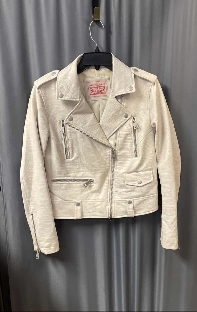 Levi's Women's White Croc Texture Faux Leather Moto Biker Jacket Sz S