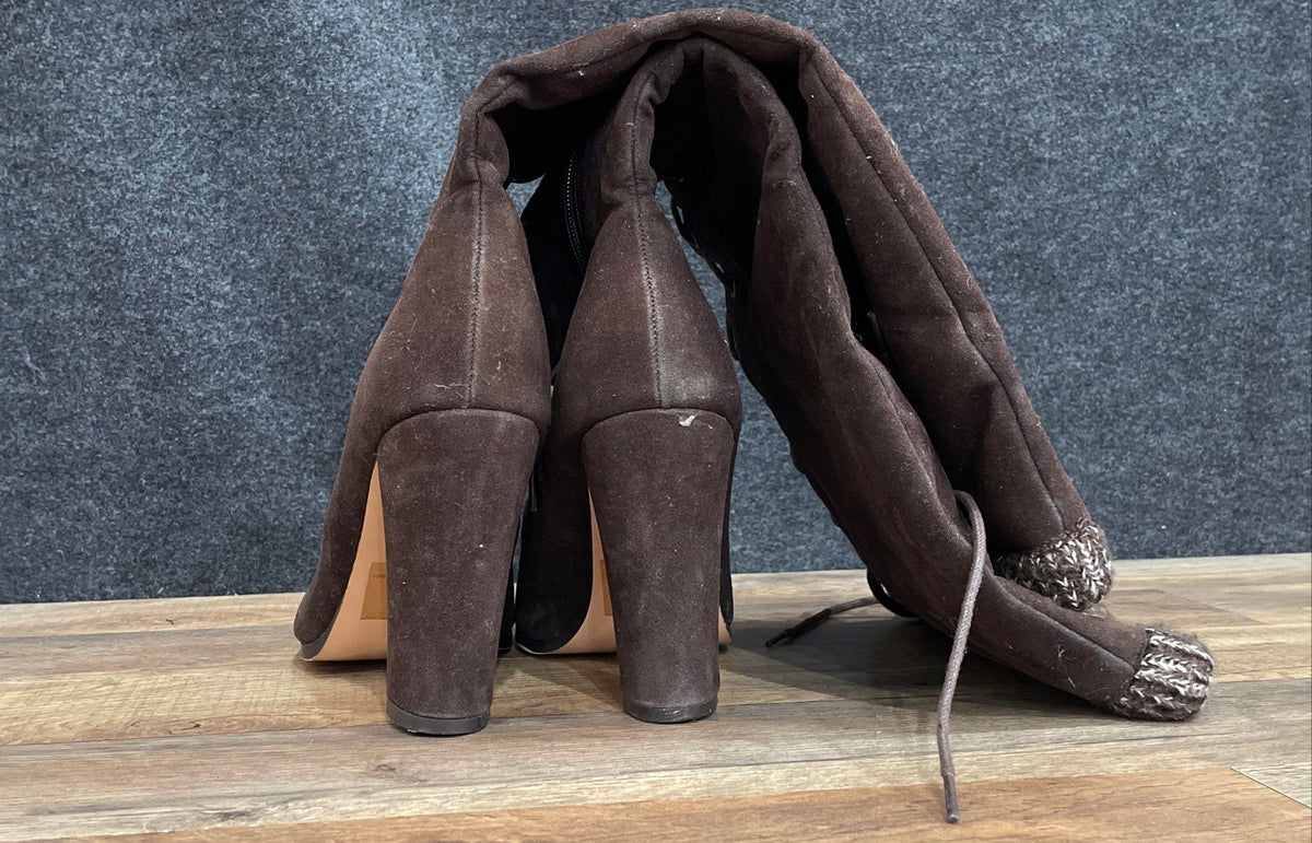 Shoedazzle Porsha Brown Thigh High Lace Up Block Heel Boots Women's Size 10