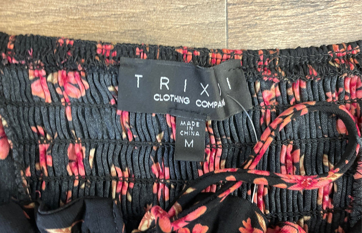 Trixxi Women's Black Pink Floral Puff Sleeve Smocked Dress Size M NWT